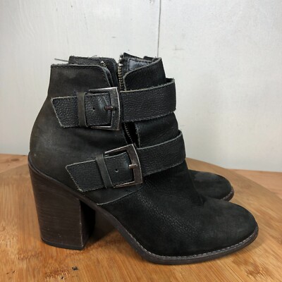 Steve Madden Boots Womens 7.5 Trevur Biker Buckle Black Leather Block Heel