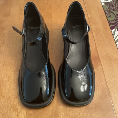 Vagabond Ansie Black Crinkled Patent Leather Block Heel Mary Jane SHOES 38 NWOB