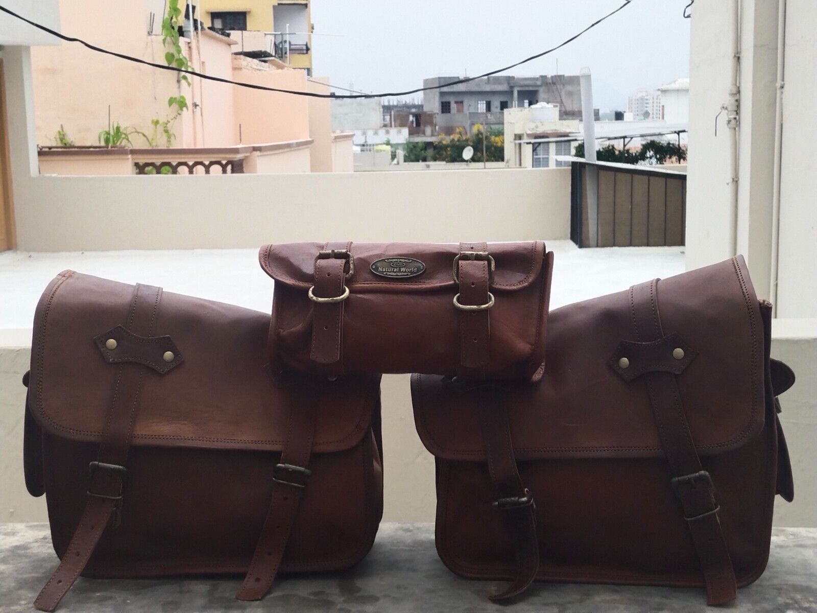 Motorcycle Combo Saddle 3 Bags Saddlebag Luggage Push Lock Bag 13" Leather Brown eBay