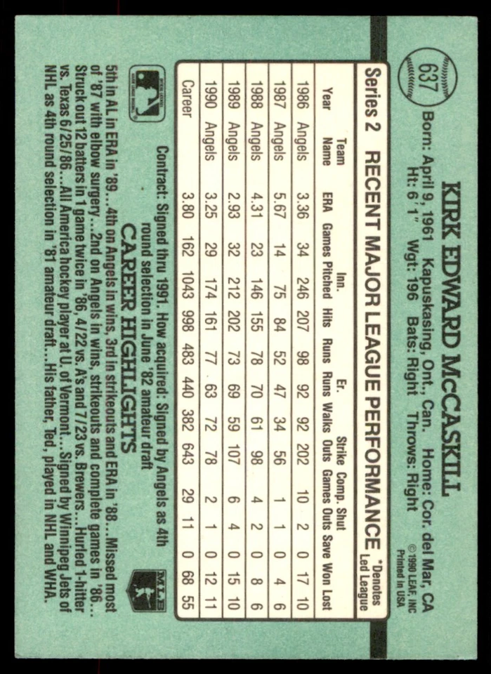 1991 Donruss Kirk McCaskill California Angels #637 - Image 2 of 2