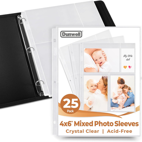 Photo Album Refill Pages (4X6 Mixed Format, 25 Pack) 150 Photos, 3-Ring Binder