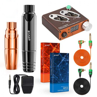 Complete Two Rotary Mast Tattoo Machine Pen Kit with dual connect Power Supply