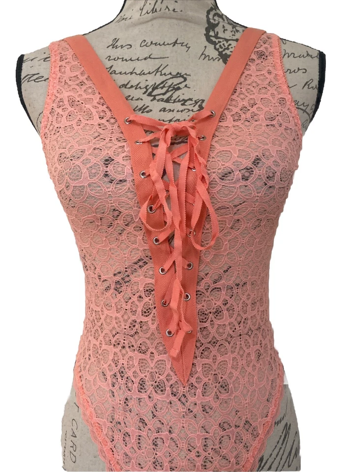 Victorias Secret Bodysuit Women Small Pink Peach Lace Front Open Back Lace S/P - Image 2 of 4