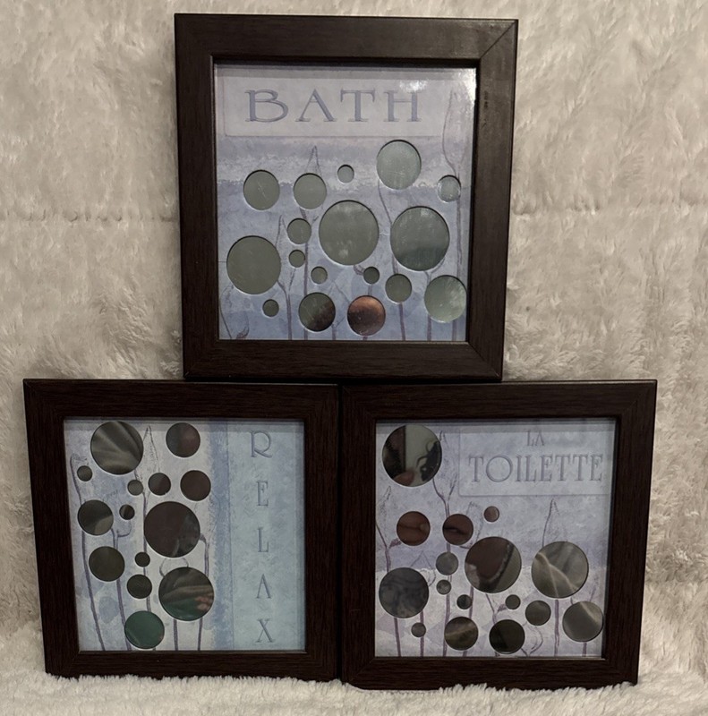 Bathroom Wall Art Framed Mirrored Bubbles Bath-Relax-LaToilette Set Of 3