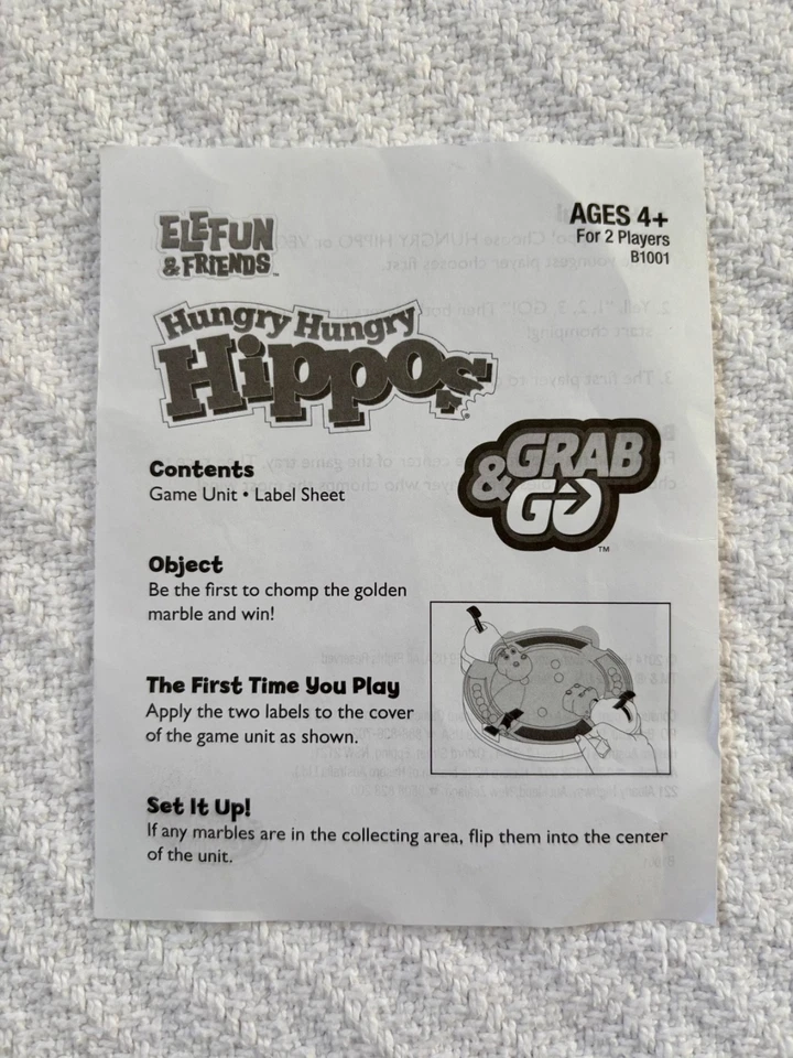 Hungry Hungry Hippo Grab & Go Game. Hasbro. Travel Size. 2 Players. Instructions - Image 2 of 4