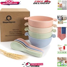 Kids 14 Oz Wheat Straw Bowls - Lightweight, Dishwasher Safe, 4 Pack with Spoons
