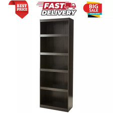 5-Shelf Wood Bookcase Adjustable Framed Storage Wide Shelf 71 in Tall, Espresso