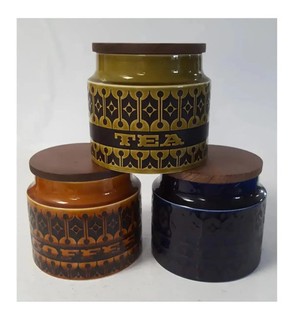 Vintage Hornsea England Tea Coffee Sugar Canisters Set of 3 with Wooden Lids