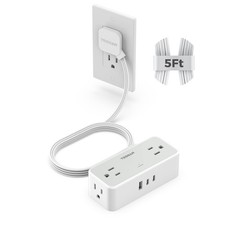 Flat Plug Extension Cord 5 FT, TESSAN Surge 5 FT 2 USB-C, 1 USB-A , White