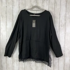 DG2 By Diane Gilman Black Knit Top Sz 2X Lace Asymmetrical Hem Black NWT