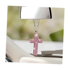 Bling Car Hanging Ornament, Crystal Rhinestone Cross Pendant Rearview Pink