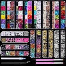 12 Boxes Nail Art Kit, Colorful Crystal Rhinestones Nail Jewels Flatback Pearls 