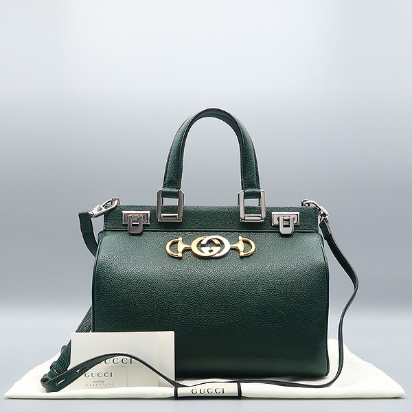 Gucci Zumi Small Top Handle Bag in Dark Green Grainy Leather with Shoulder Strap 2WA