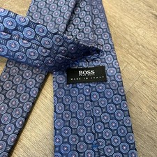 BOSS Hugo Boss Men's 100 Silk Tie  Dark Blue  Geometric  Made in Italy 