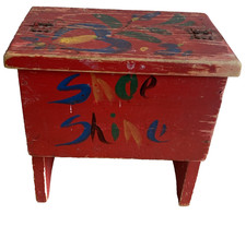 Vintage Wooden Shoe Shine Box Red with Painted Flowers Vintage Polish