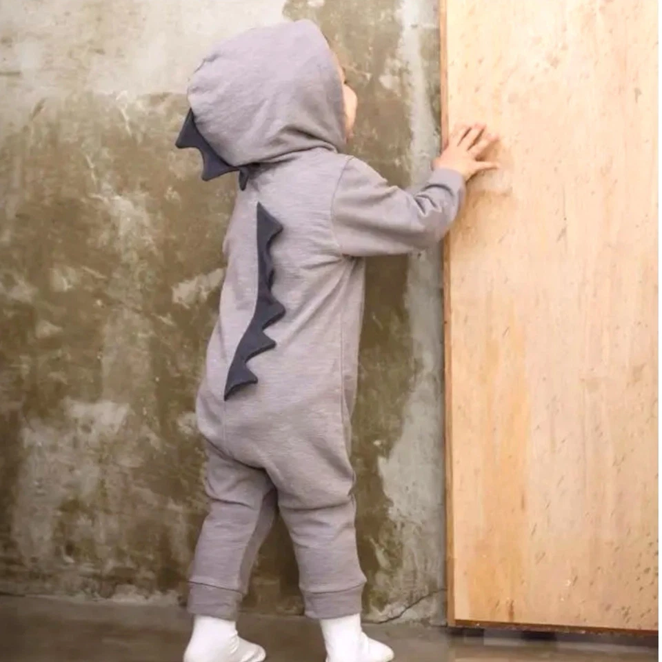 Costume dinosauro penisola bambino unisex 90 2T tuta intera zip grigio nuovo con etichette - Immagine 2 di 4