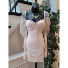 Womens Cocktail Dress Medium Pink Sheer Long Sleeve Mesh Bustier Bodycon Party