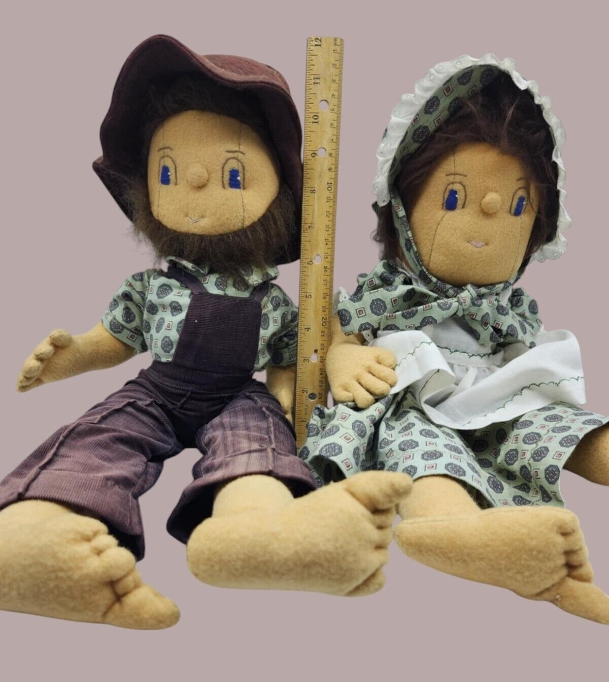 Two Vintage 12" Handmade Dolls Amish Hillbilly Plush Soft Boy Girl Stuffed  READ