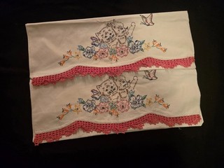 Vintage Hand Embroidered Cats & Butterfly Pillow cases 21"x30"