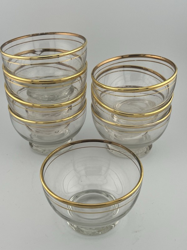 8 - Gold Rim Round 3 1/2”x2 1/4” Footed Clear Glass Desert Dishes 6 oz each MCM