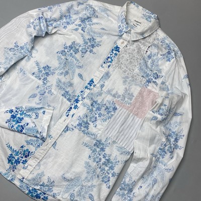 Desigual Men's shirt Paisley flowers pattern long sleeve cotton L Patch White