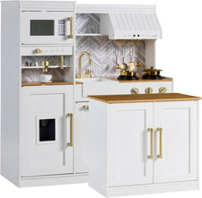 Pretend Play Kitchen for Kids, Interactive Wooden Toddler Playset with Island, E