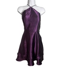 Blondie Nites Purple Satin Halter Mini Dress Tiered Ruffle Hem Size 5