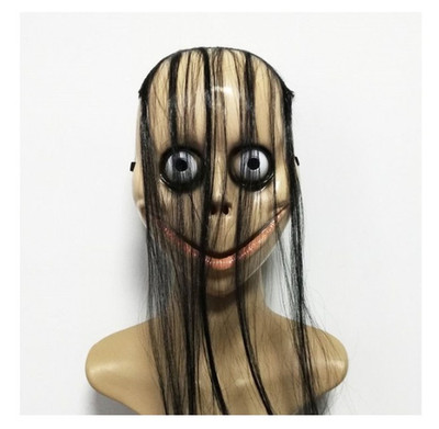 Scary Momo Ghost Mask with Long Hair Halloween Horror Creepy Face Mask Cosplay