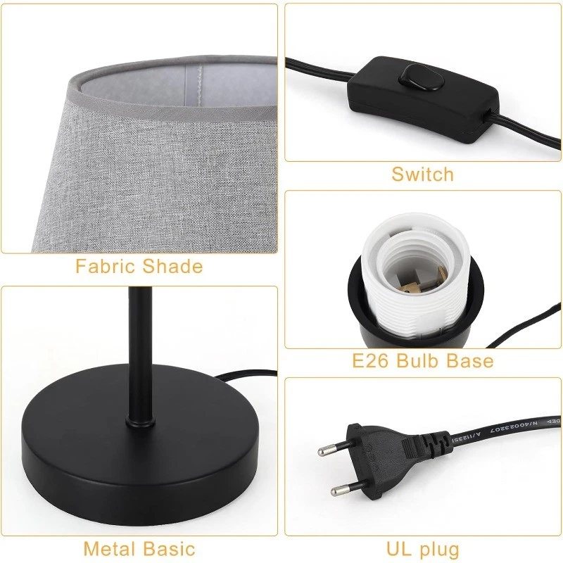 Conjunto de 2 abajures pequenos de mesa de cabeceira com sombra cinza para quarto, sala de estar, escritório - Imagem 3 de 4