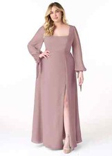 Azazie Leonia Bridesmaid Dress Dusty Pink Long Chiffon Sleeve Size A12 Maxi