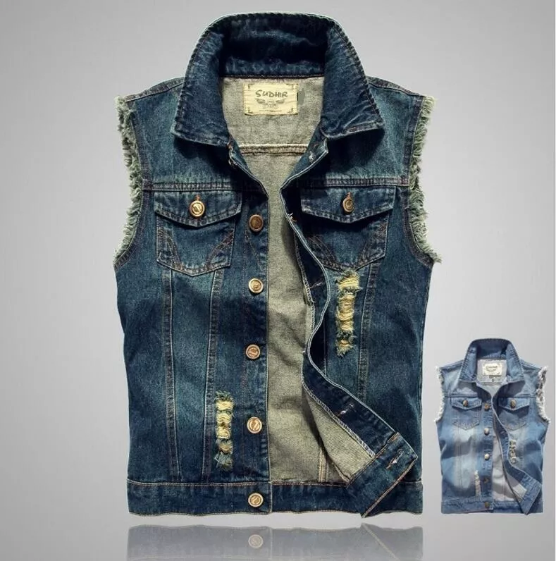 Men Denim Vest Jean Jacket Waistcoat Sleeveless Vintage Punk Casual Jacket black