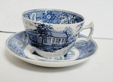 Vintage Wood & Sons Blue Transferware Old Sturbridge Village w/ Farmer and Bull