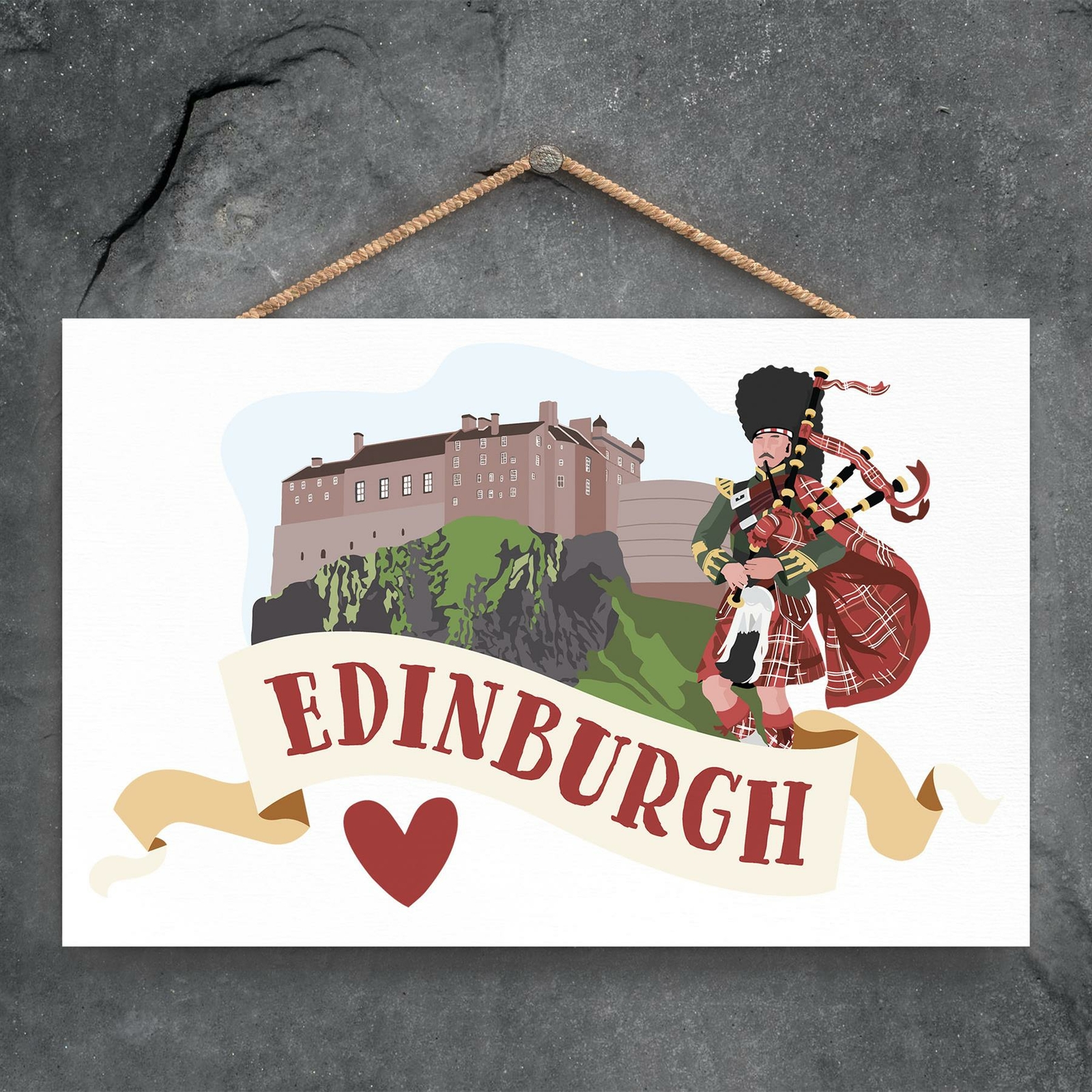 EDINBURGH CASTLE SCOTTISH MAN PLAYING BAGPIPES ON SCOTLAND THEME WOODEN PLAQUE