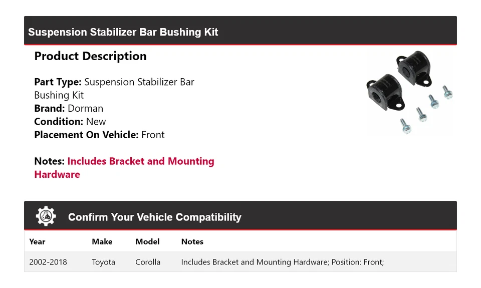Kit de buje de barra estabilizadora de suspensión delantera para Toyota Corolla Dorman 2002-2018 Foto 2 de 4