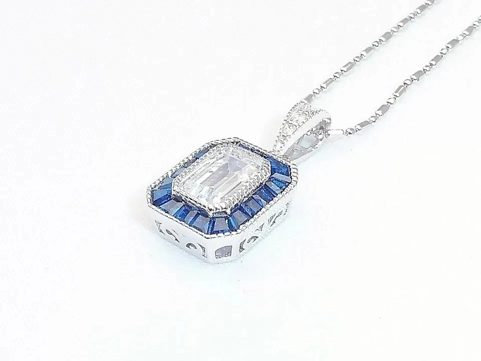 Colgante de plata 925 con diamantes y zafiros creados en laboratorio blanco diseño Art Deco de 2,50 quilates Foto 2 de 4