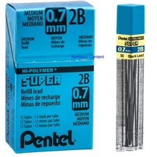 Pentel 50-2B 0.7mm Super Hi-Polymer Lead Refills, 2B, Box of 12 Tubes, 144 Leads