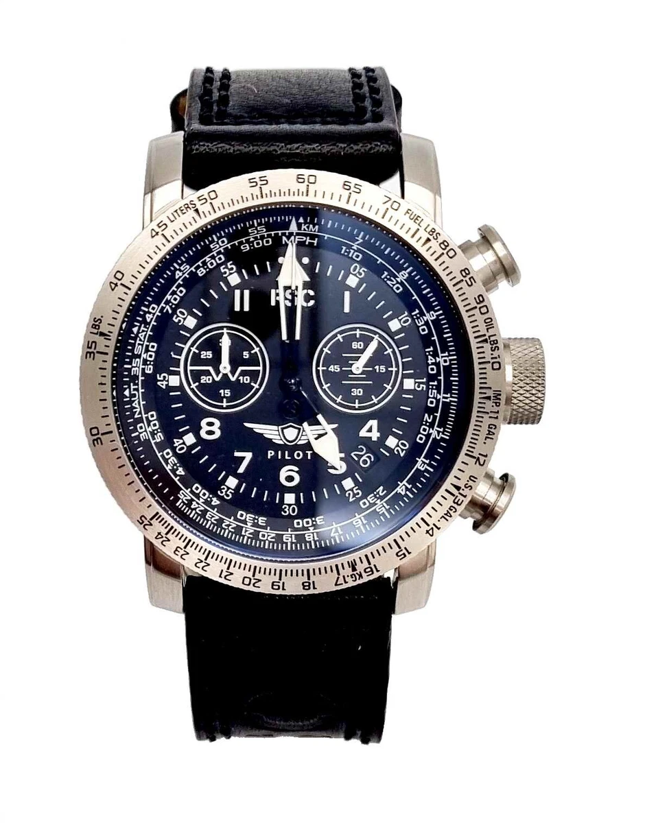 Watch Aviator Chronometer Glasses Two Way Black Leather Strap Rsc