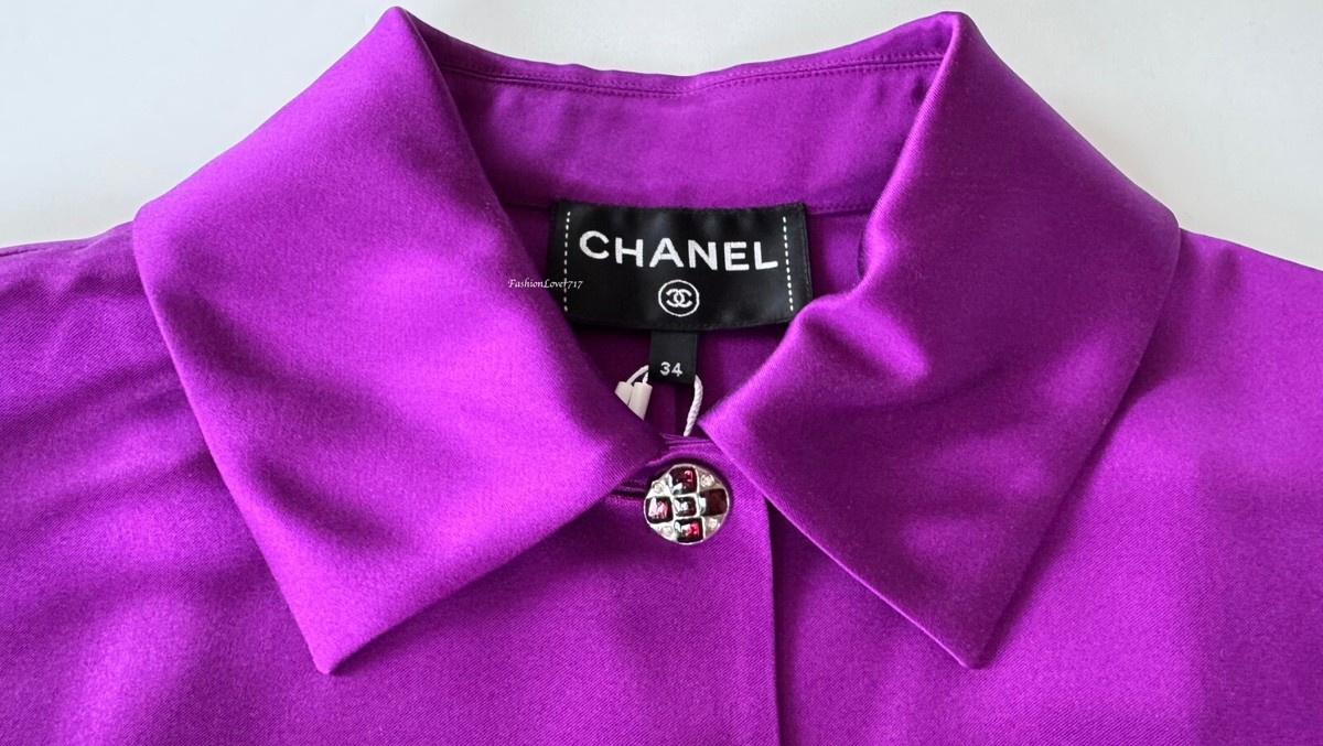 NWT 22A CHANEL PURPLE GRIPOIX CC BUTTONS CROP SILK BLOUSE JACKET