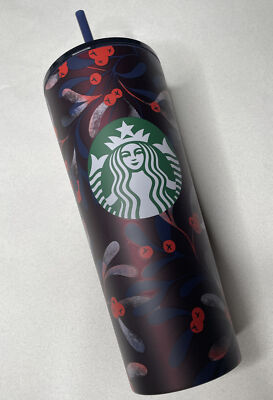 Starbucks PLUM BERRIES LEAVES mettal cup tumbler 24oz venti burgundy blue Red