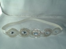 VINTAGE FLAPPER STYLE WHITE RHINESTONE BEAD ELASTIC HEADBAND UP DO ACCESSORY