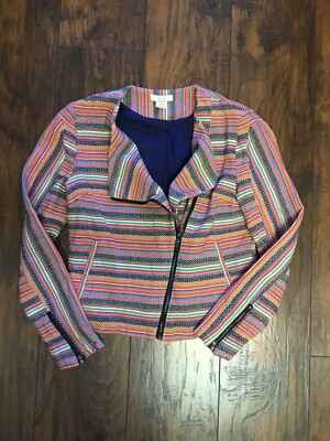 BCNU Striped Multi Colored Hip Length Side Zip Womens Jacket Size M 100% Cotton