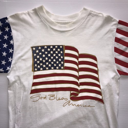 VTG HANES Adult Medium Single Stitch USA Flag Sleeves Graphic Tshirt USA Made 90 - Afbeelding 3 van 13