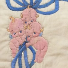 VTG Baby Blanket Yellow Pixie Babies Handmade Painted 23 X 36
