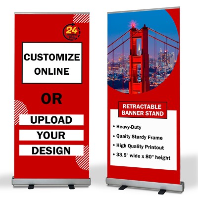 CUSTOM Retractable Banner Stand 33.5''x80''CURL-FREE FABRIC/ MADE IN USA