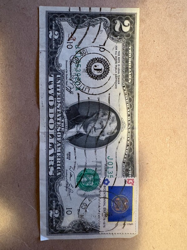 United States 1976 Two Dollar Star Note With Stamp & Postmarked