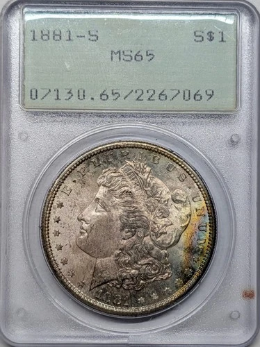 1881 S MS65 PCGS Morgan in rattler with some rainbow tone
