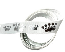 3 yards 7/8" Shiny Silver Crown Pattern on White Grosgrain Ribbon 100 polyester