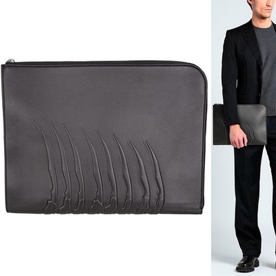 NEW $990 ALEXANDER MCQUEEN Black Leather RIB CAGE SPINE Document Case CLUTCH BAG