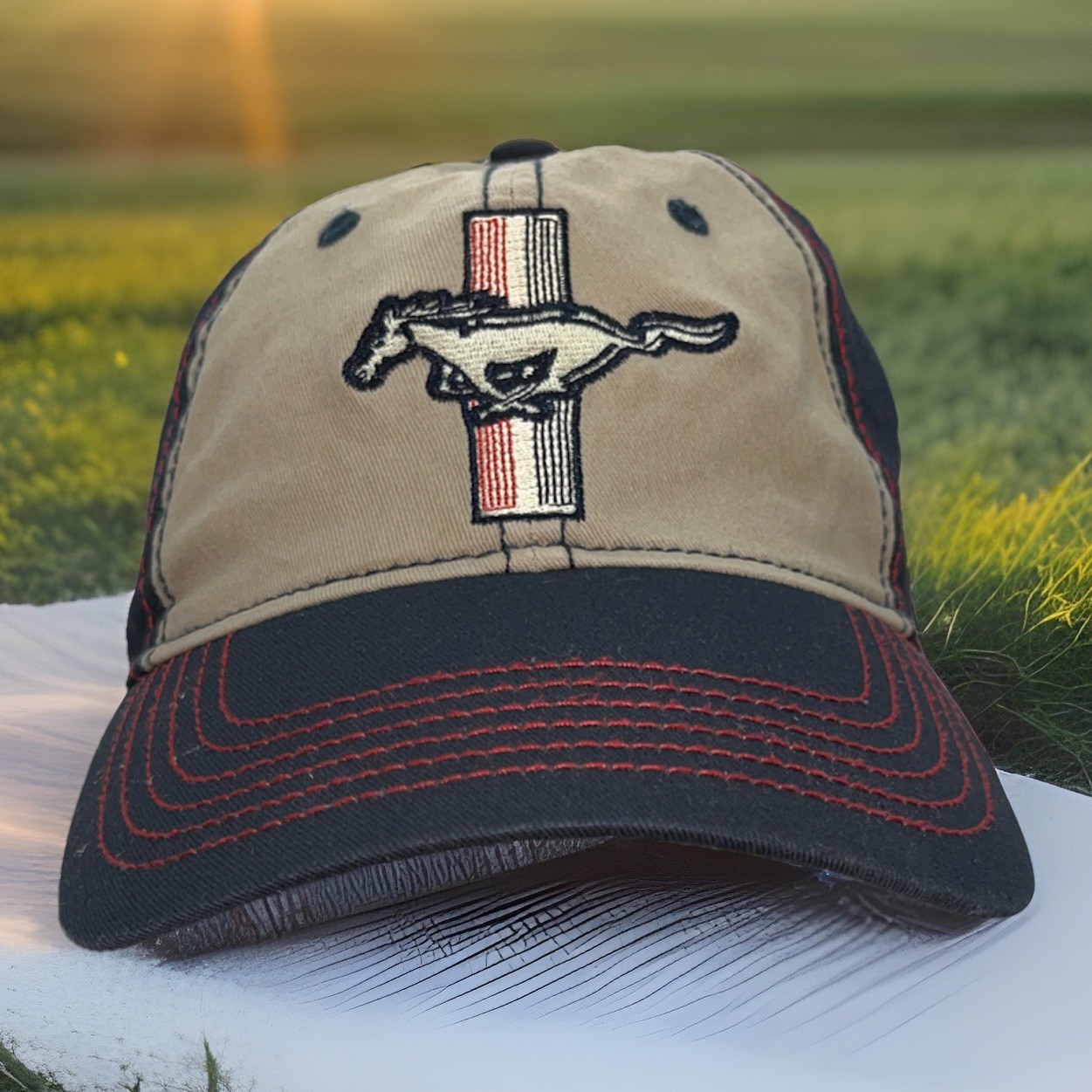 PONY Tappo a sfera Ford Mustang blu e marrone con licenza. Regolabile. 6 pannelli cotone pesante.