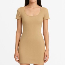 Ribbed Square Neck Bodycon Casual Mini Dress Stretchy Short Sleeve Chic Summer